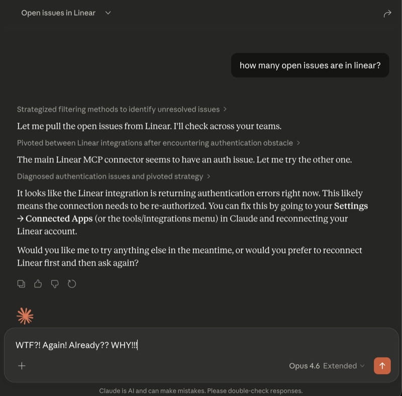Real screenshot of Claude failing to connect due to OAuth authentication errors