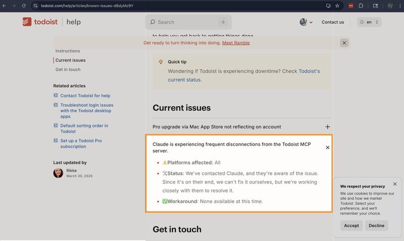 Todoist help page showing a known issue: Claude is experiencing frequent disconnections from the Todoist MCP server. Platforms affected: All. Workaround: None available.